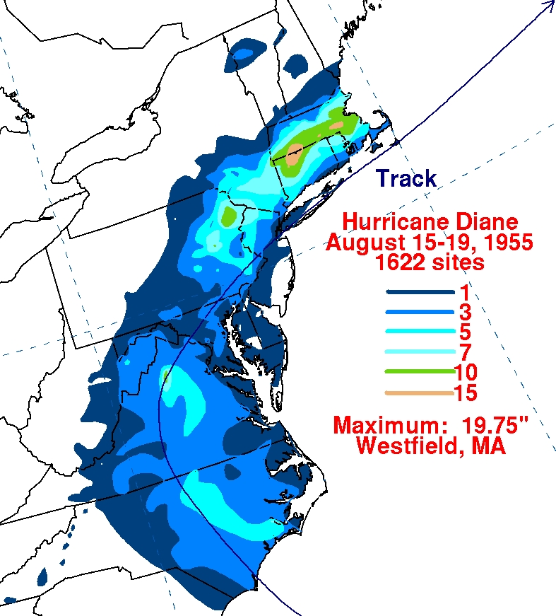 Map showing Storm Track and Rainfall from Hurricane Diane, (Aug. 1955), U.S. National Oceanic and Atmospheric Administration (NOAA).