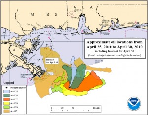 MAP - Spread of BP oil spill in Gulf of Mexico, April 25-30, 2010