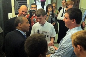 Supporters and Rep. Tom Sanicandro Present Gov. Patrick with Petition for Transitional Services for Disabled High School Students (June 21, 2011)