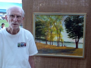 Brother Eugene DeLauro and painting of Farm Pond, Framingham, MA