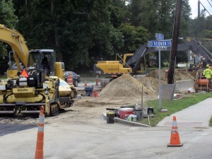 Construction workers install sewer mains near Framingham Centre Common, (August 2011)