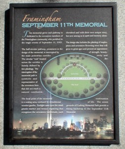 Sign at entrance to the September 11th Memorial located in Cushing Memorial Park in Framingham, MA