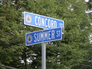 Sign at intersection of Concord Street and Summer Street in Framingham, MA