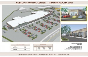 Conceptual drawing of Nobscot Shopping Center and former Texaco Gas Station as shown in new leasing information brochure.